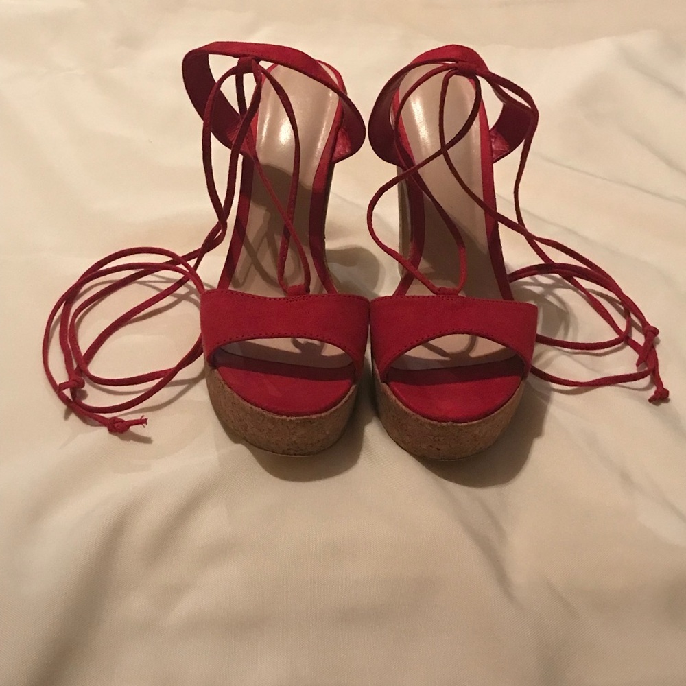 Gorgeous Red Faux-Suede Cork Heel Platform Sandal